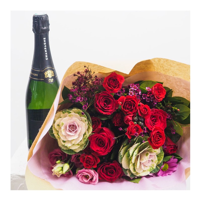 bouquet et sa bouteille de champagne Alain Bedel