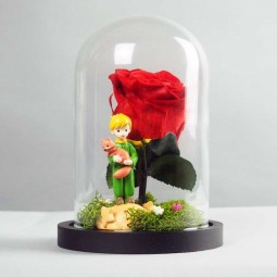 PETIT PRINCE AVEC LE RENARD ET LA ROSE DANS UNE CLOCHE